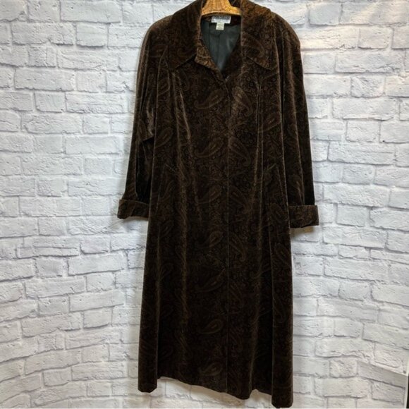 Vintage John Caruana Brown Paisley Velvet Long Overcoat Water Repellent Size 24W - Picture 8 of 15
